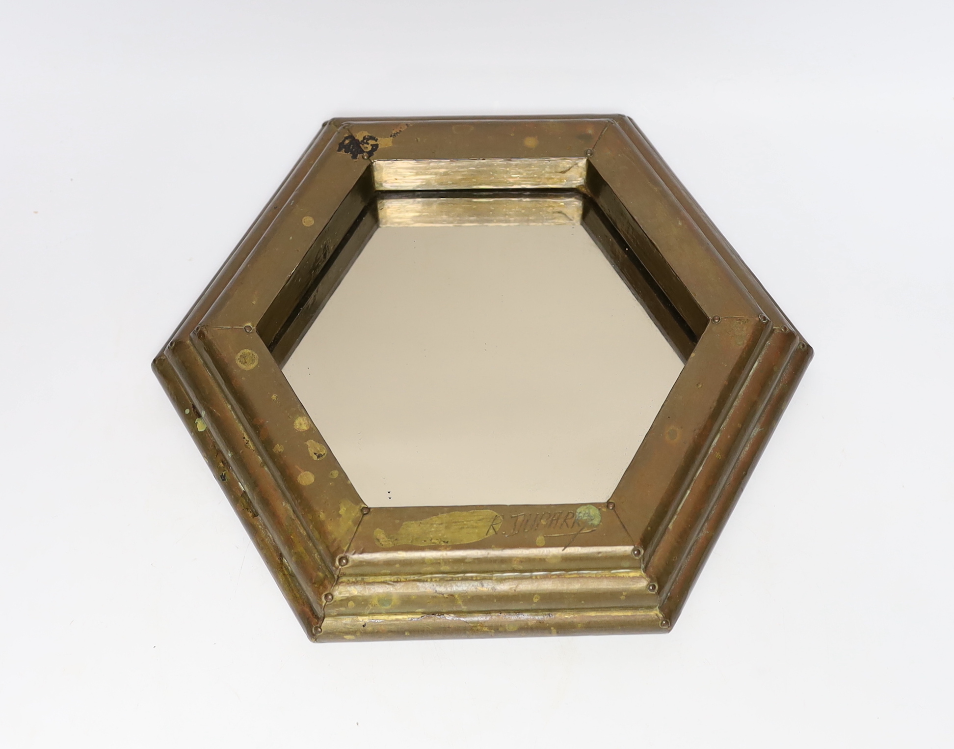 A 1970’s Rodolfo Dubarry hexagonal brass mirror or stand, signed, 26cm wide